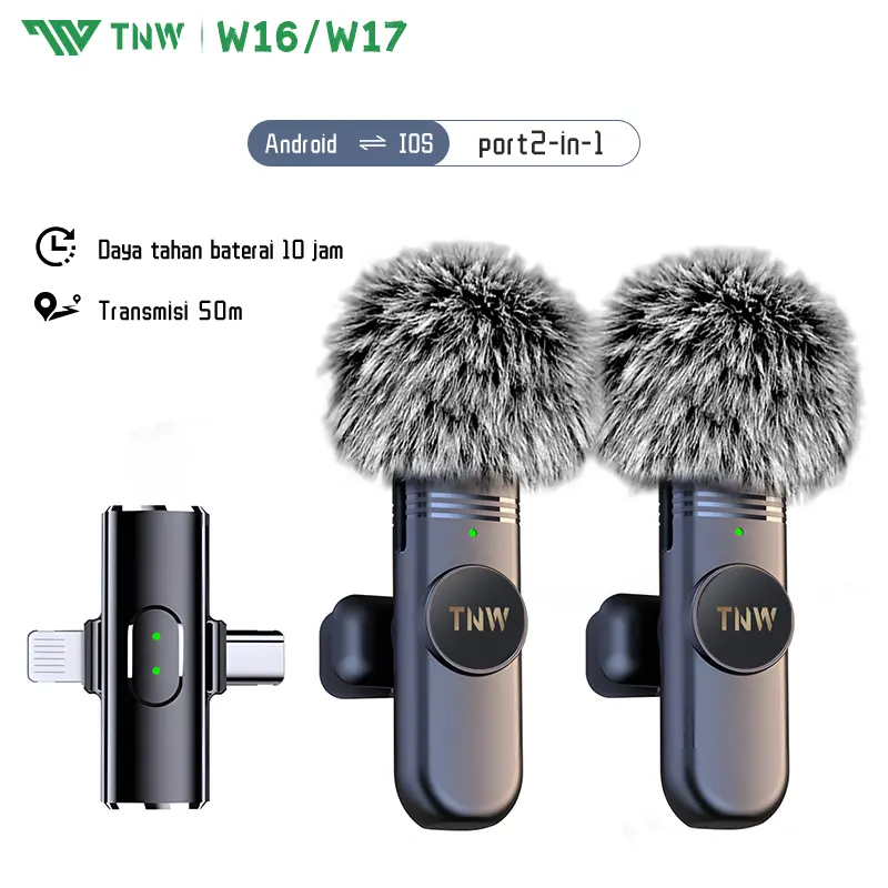 TNW W16 /W17 2 In 1 Wireless Microphone Clip On Mic Portable Microphone Mikrofon Lavalier HP Untuk TikTok YouTube Facebook Live Streaming