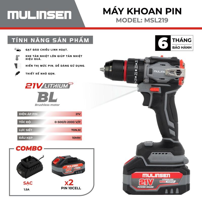 Máy khoan pin MULINSEN MSL219 lực siết 70N.m ĐẦY KẸP 10LY động cơ không chổi than chân pin phổ thông bảo hành 6 tháng BỘ KÈM 2 PIN 1 SẠC