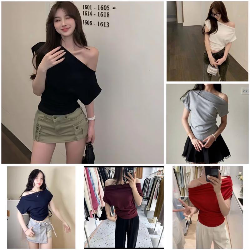 Áo thun trễ vai tay cộc nữ chất vải cotton co giãn mịn mát tôn dáng