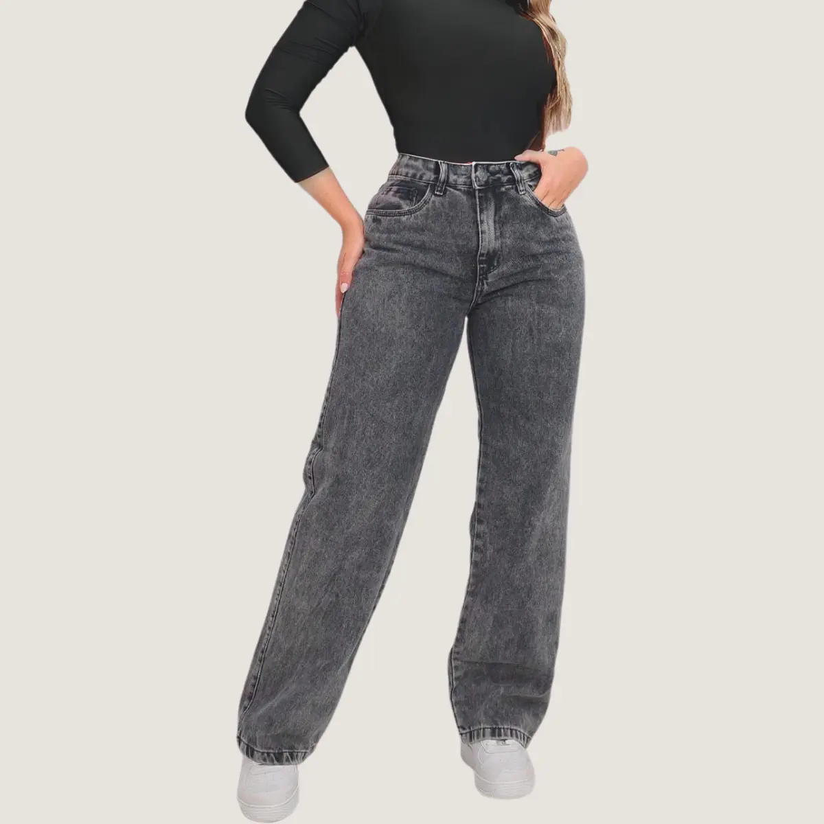 Kit 3 Calça Jeans Wide Leg Feminina Cintura Alta 100% Algodão Premium Bolsos e Modelagem Reta e Solta para Looks Casual e Chic - 6