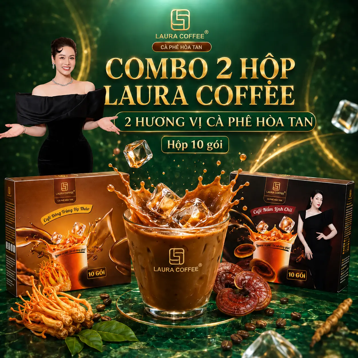 Laura Coffee Combo 2 Hộp Mix Vị Nấm Linh Chi & Đông Trùng Hạ Thảo - Cà Phê Thảo Mộc 2 Vị Cafe Hỗ Trợ Tỉnh Táo & Tiện Lợi