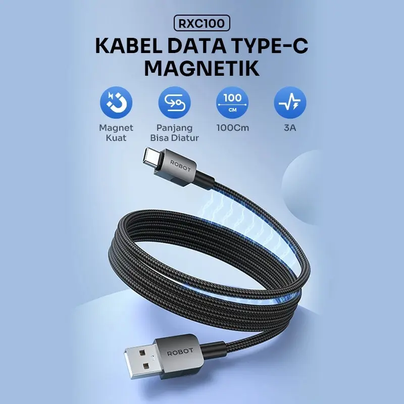 ROBOT Kabel Data Magnetik 1M Type C Micro USB Lighting Anti Kusut Data Cable RXM100/RXL100/RXC 100/RXCC100/RXCL100 Original- Garansi 1 Tahun- BISA COD 7
