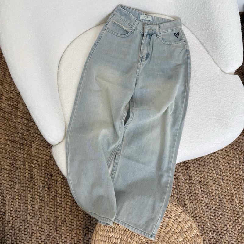 [Q202] Quần jean nữ dáng suông ống rộng thêu trái tim 95cm  dành cho nấm lùn lưng cao