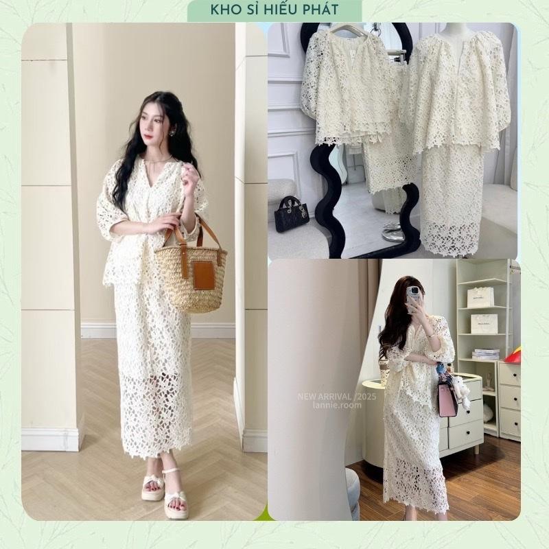 ( Hàng Sẵn Dưới 65kg - Bầu Mặc Được ) Set Áo Ren Hoa Lưới Cổ V Tay Bồng Chân Váy Dáng Dài Sang Chảnh Đẹp by Hp