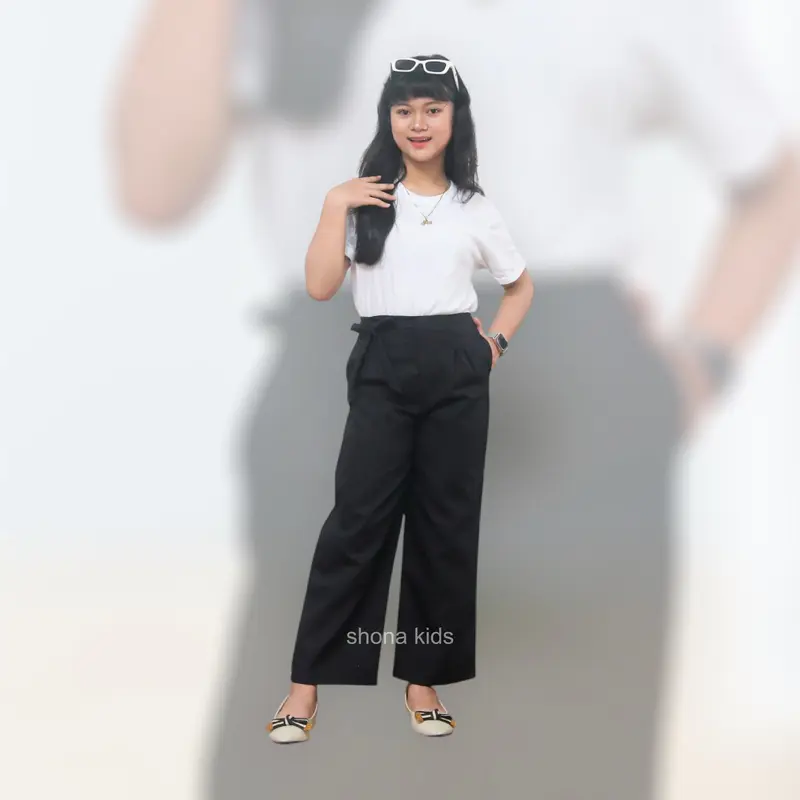 Shona - Celana Kulot Anak Perempuan Usia 7-15 Tahun Highwaist Pita Samping Panjang Katun Drill Casual Basic Loose Pants Terbaru 2