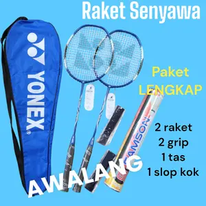 paket komplit raket bulutangkis siap pakai 2 raket 2grip 1tas 1 slop kok cod Badminton