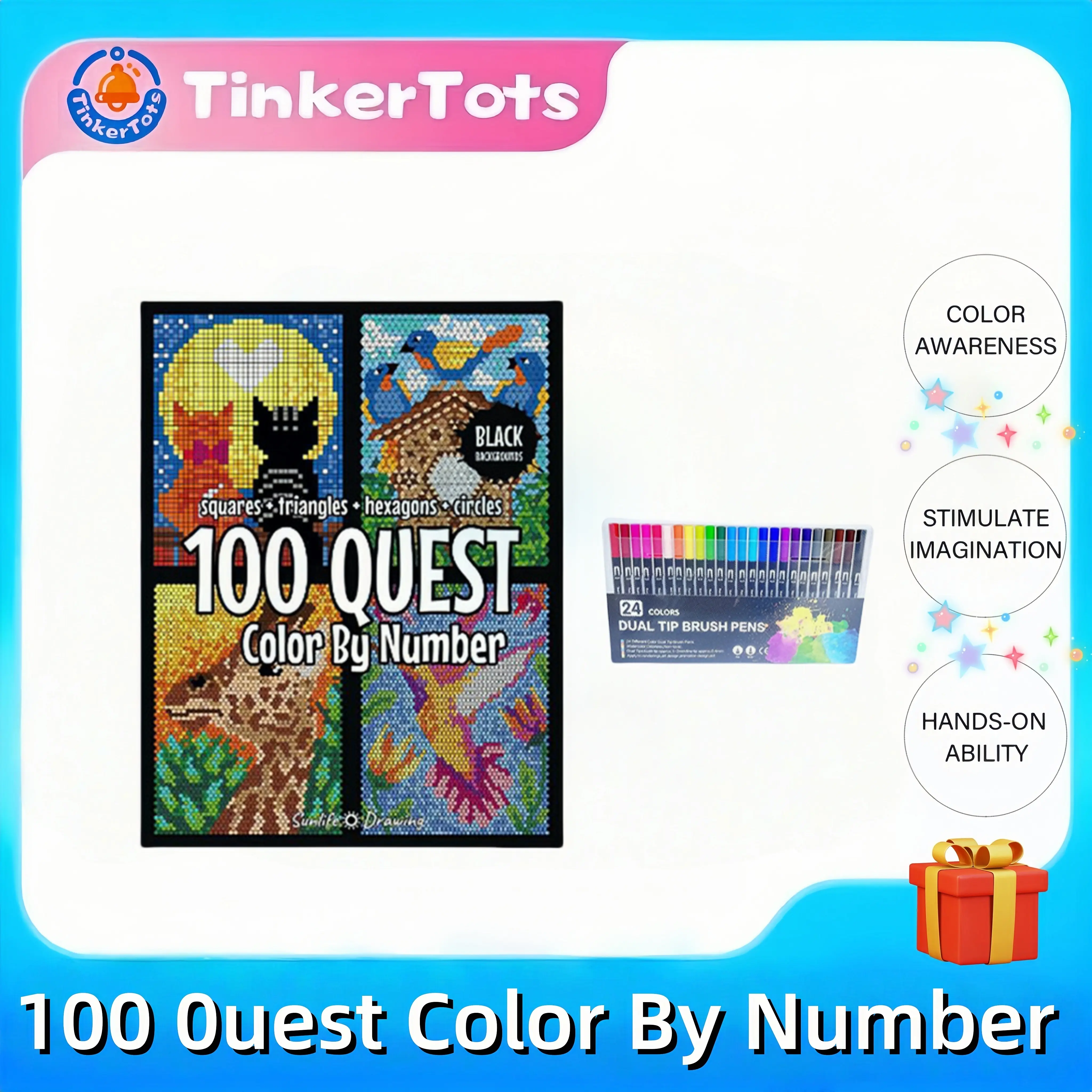 100 QUEST Colour By Numbers Colouring Book, SquaresTriangles Hexagons Circles (Black Background), ChildrenAdult Colour Exploration Activity Book