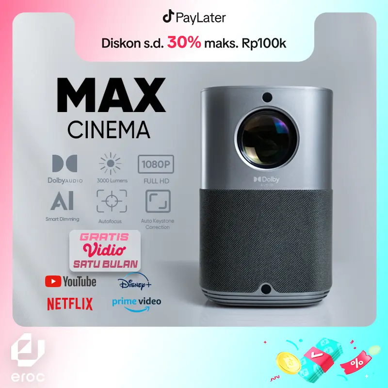 [Smart Proyektor] EROC Max Android  - Dolby Audio - Full HD - Built in Speaker - 3000 Lcd projector Led  [BISA CICILAN 12 BULAN] [BISA PAYLATER] led  projector