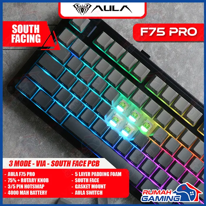 Mechanical Keyboard - Aula F75 - 75% Compact - 3 Mode - Gaske Mount - RGB - PBT Keycap 6