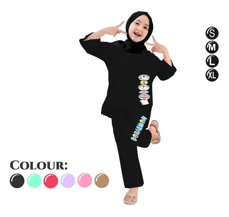 Baju Setelan Anak Perempuan - Pakaian Kaos dan Celana Panjang Anak Cewek Fashion Motif Belah Usia 4-13 Tahun - DORAEMON HEAD 5