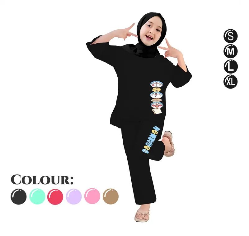 Baju Setelan Anak Perempuan - Pakaian Kaos dan Celana Panjang Anak Cewek Fashion Motif Belah Usia 4-13 Tahun - DORAEMON HEAD 5