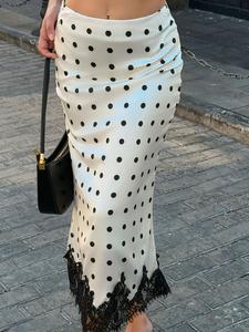 Falda midi de lunares para mujer, cintura alta, ajustada, con ribete de encaje, estilo vintage, corte recto entallado, elástica, elegante para verano, negra y blanca, casual