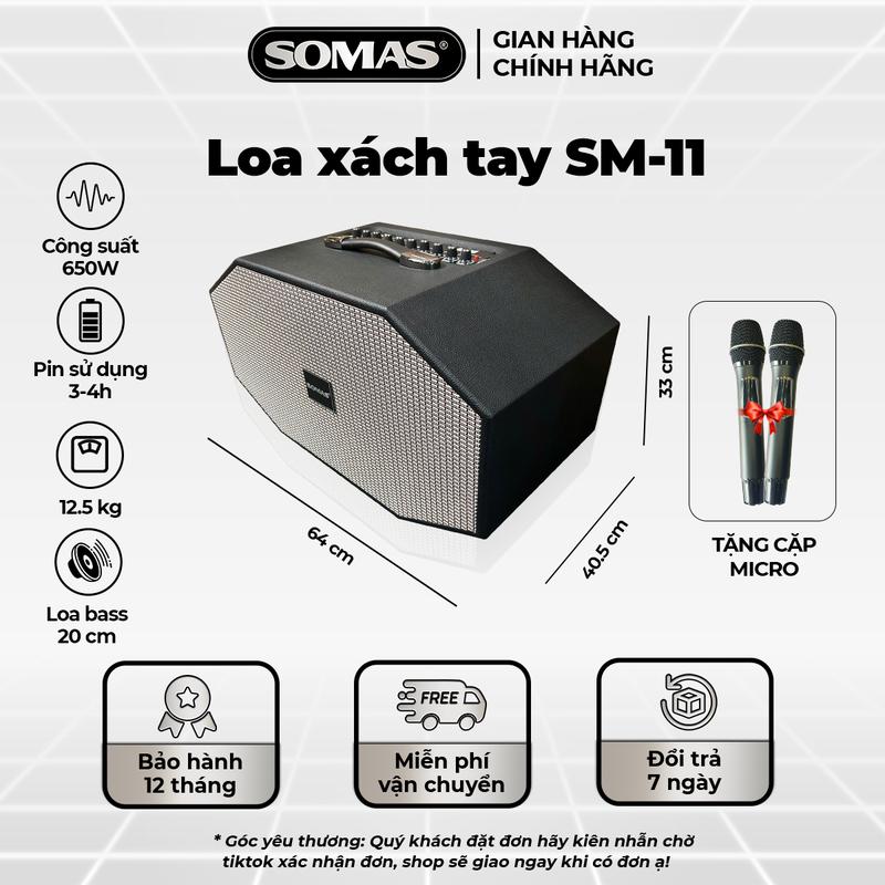 DCK - SOMAS Loa xách tay Bluetooth SM-11 Công Suất lớn Karaoke Hay Tặng kèm 02 Micro cao cấp Nghe Nhạc Cực Hay Âm Thanh Lớn Sống Động Pin Trâu Chính Hãng BH 12 Tháng