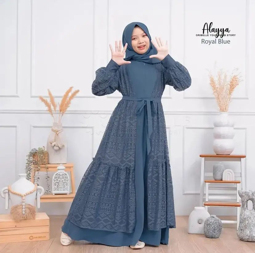 Alayya Couple Kids Gamis Muslim Anak Cantik Ellegant Bahan Cringkel mix Brukat Malika Dress Muslim Anak Mewah