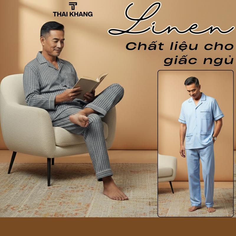 Thái Khang Bộ Pijama Nam Trung Niên Dài Tay Vải Linen Caro BO53 - Giấc Ngủ Sâu Cho Phái Mạnh - Chất Liệu Thoáng Mát & Sang Trọng - Size M-3XL