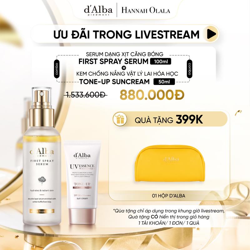 [d'Alba x HannahOlala] [COMBO] Serum Dạng Xịt Căng Bóng d'Alba White Truffle First Spray 100ml & Kem Chống Nắng Nâng Tone Tự Nhiên d'Alba Waterfull Tone-Up Sun Cream 50ml