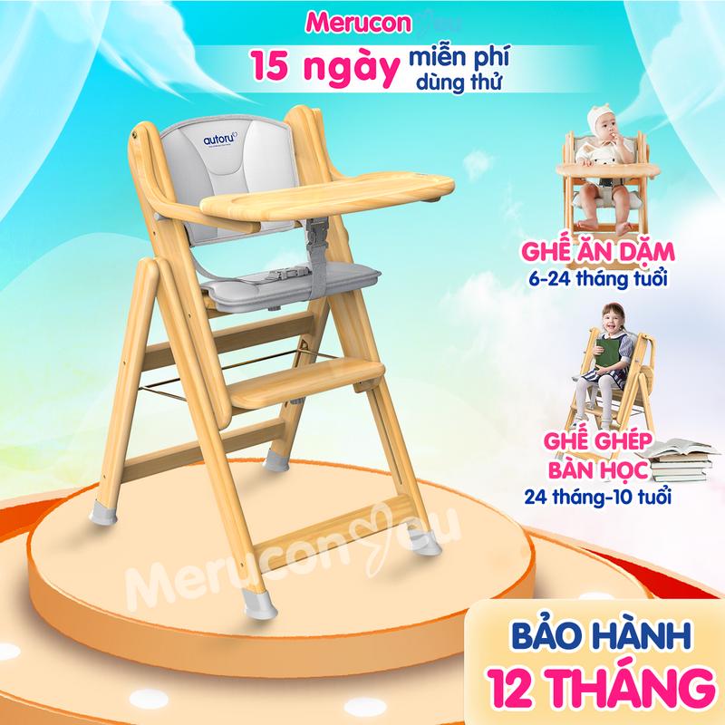 Ghế Ăn Dặm, bàn ăn cho bé Autoru Chất Liệu Gỗ, Sơn Chống Ẩm Mốc, Thiết Kế Chống Đổ Ngã H1