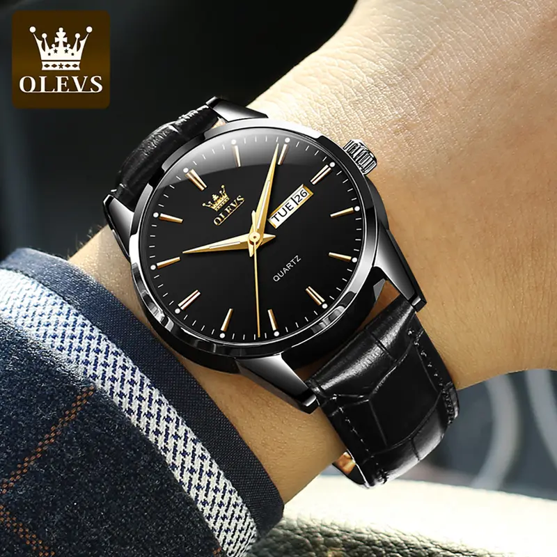 OLEVS Jam Tangan Pria Fashion Tali Kulit Original Anti Air Jam Tangan Cowok Simple Fashion Kuarsa Penunjuk Kalender Bercahaya Tahan Air Analog Men Watch Hitam Putih Biru Cod 5