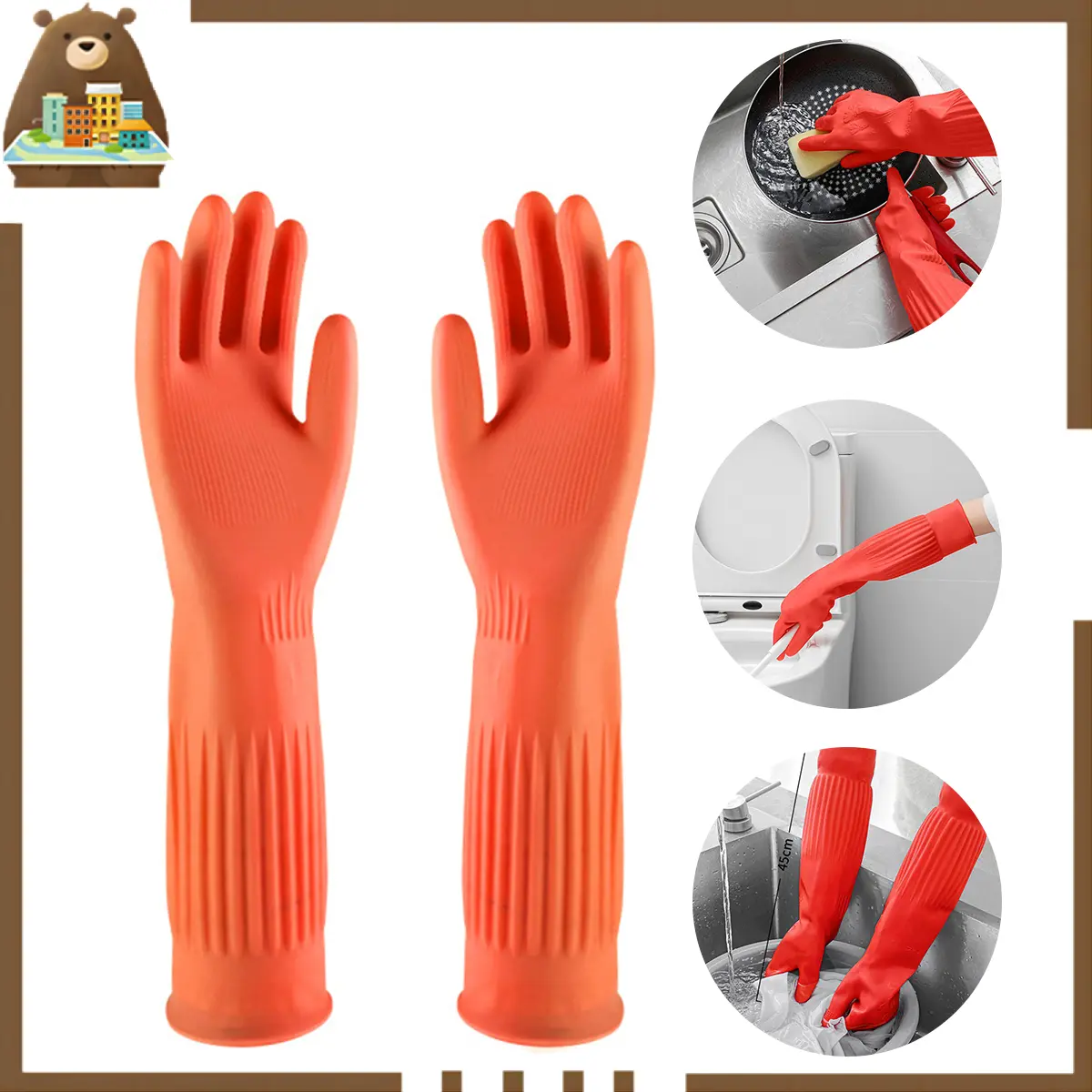 2pcs 45cm Sarung Tangan Karet Premium Latex Orange House Hold Gloves Untuk Cuci Piring  Baju Kebun