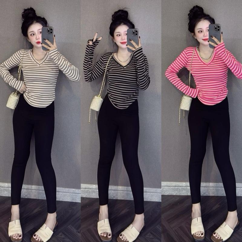 Áo thun nữ PHOM ÔM cổ tim sọc tay dài ( TD Cổ TIM Sọc T186 )