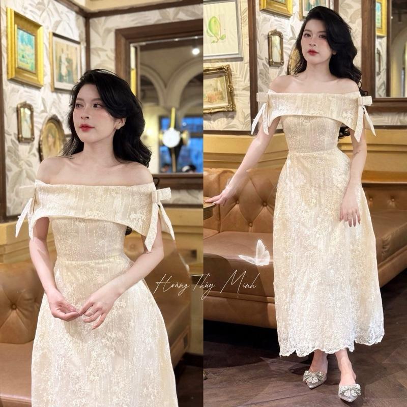 D8- Hàng Có Sẵn Nhận 1m7 Chuẩn Form Hình Đầm Ren Trễ Vai Dáng Dài Đính Nơ Hoạ Tiết Hoa Thêu Cao Cấp Đúp lót 2 lớp dày dặn nặng tay Đi Tiệc-HoangThuyMinh97