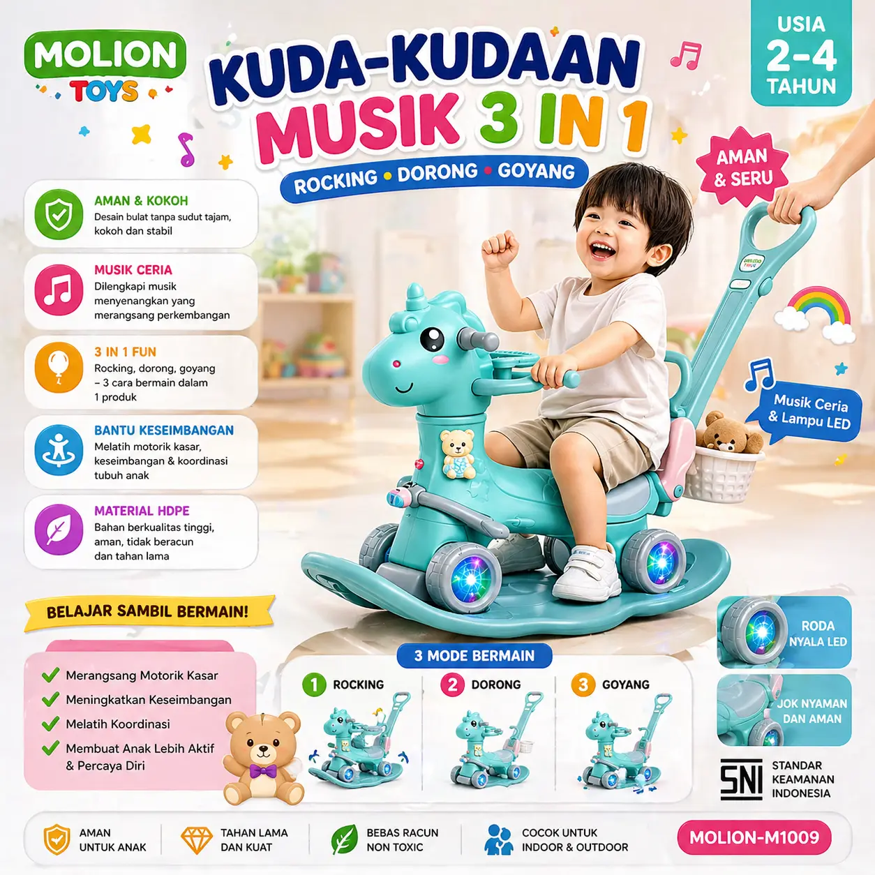 Kuda Kudaan Anak 3in1 Motif Kuda M1006 | Mainan HDPE Dorong & Goyang Aman untuk Balita Molion Bayi