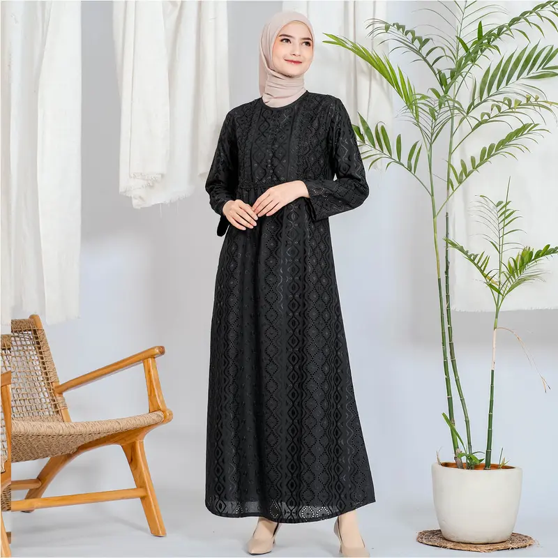 Gamis Elmira Katun Silk Renda Full 723 - Gamis Katun Hitam Muslim untuk Haji Ihrom - Perlengkapan Haji by ARIVA 3