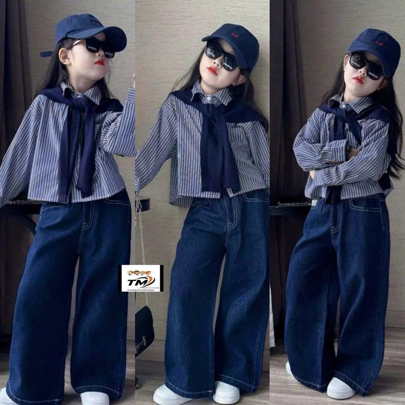 [Nini Kids]Sét áo kẻ  kèm  quần Jean mềm cho bé Gái đủ size 10-35kg ( H22 Sét kẻ Xanh Than)