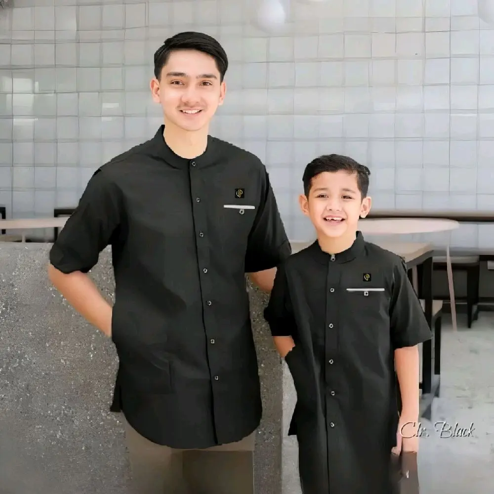 KOKO COUPLE TERBARU_BAJU LEBARAN_KOKO AYAH DAN ANAK_KOKO DEWASA_ATASAN MUSLIM Pria Kurta Katun Pendek Nyaman Kain Keluarga Hitam