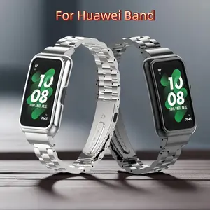 （Tidak termasuk jam）Strap Ganti Metal untuk For Huawei Band 11/10/9/8/7/6 dan Honor Band 7/6, Strap Pergelangan Tangan Stainless Steel Berventilasi, Cincin Lembut, Tahan Air, Cocok Olahraga & Bisnis