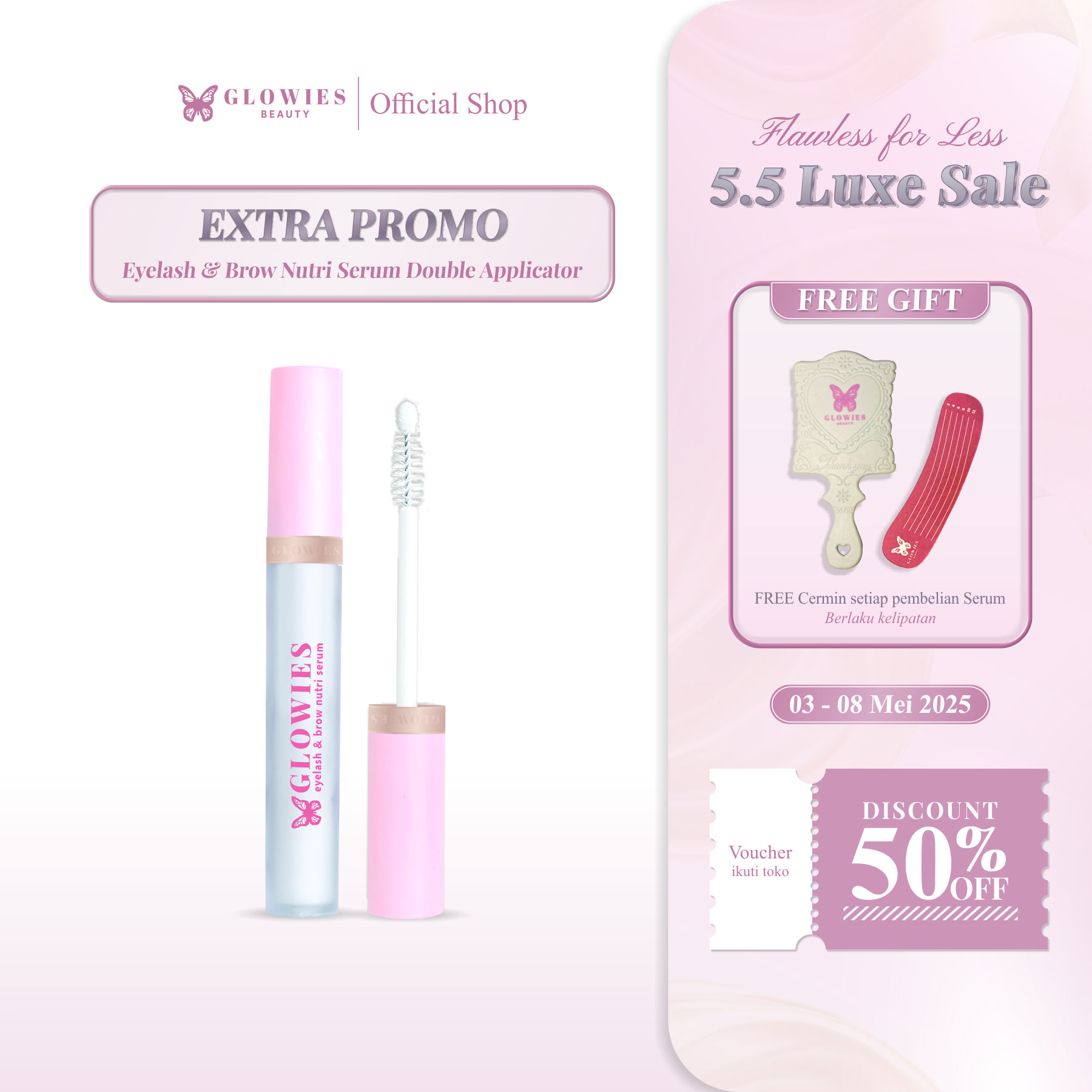 GLOWIES BEAUTY Eyelash & Brow Nutri Serum | Serum Penumbuh Alis dan Bulu Mata 4 ml | Free Gifts Cermin & Pengukur Bulu Mata | Water Based Serum Box Mascara