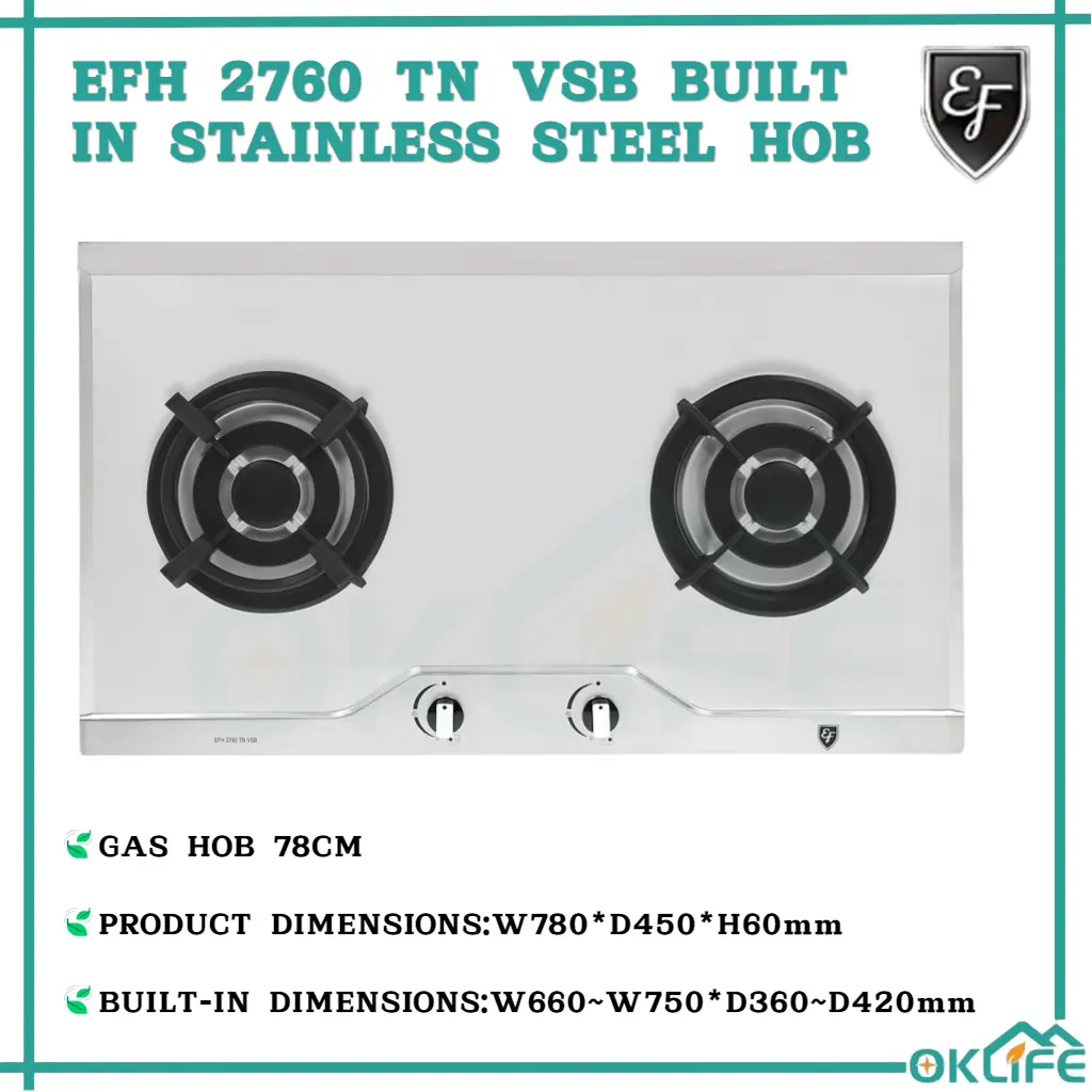 [OKLIFE. SG]EFH 2760 TN VSB EF Built In Stainless Steel Hob 2 Burners (78CM)