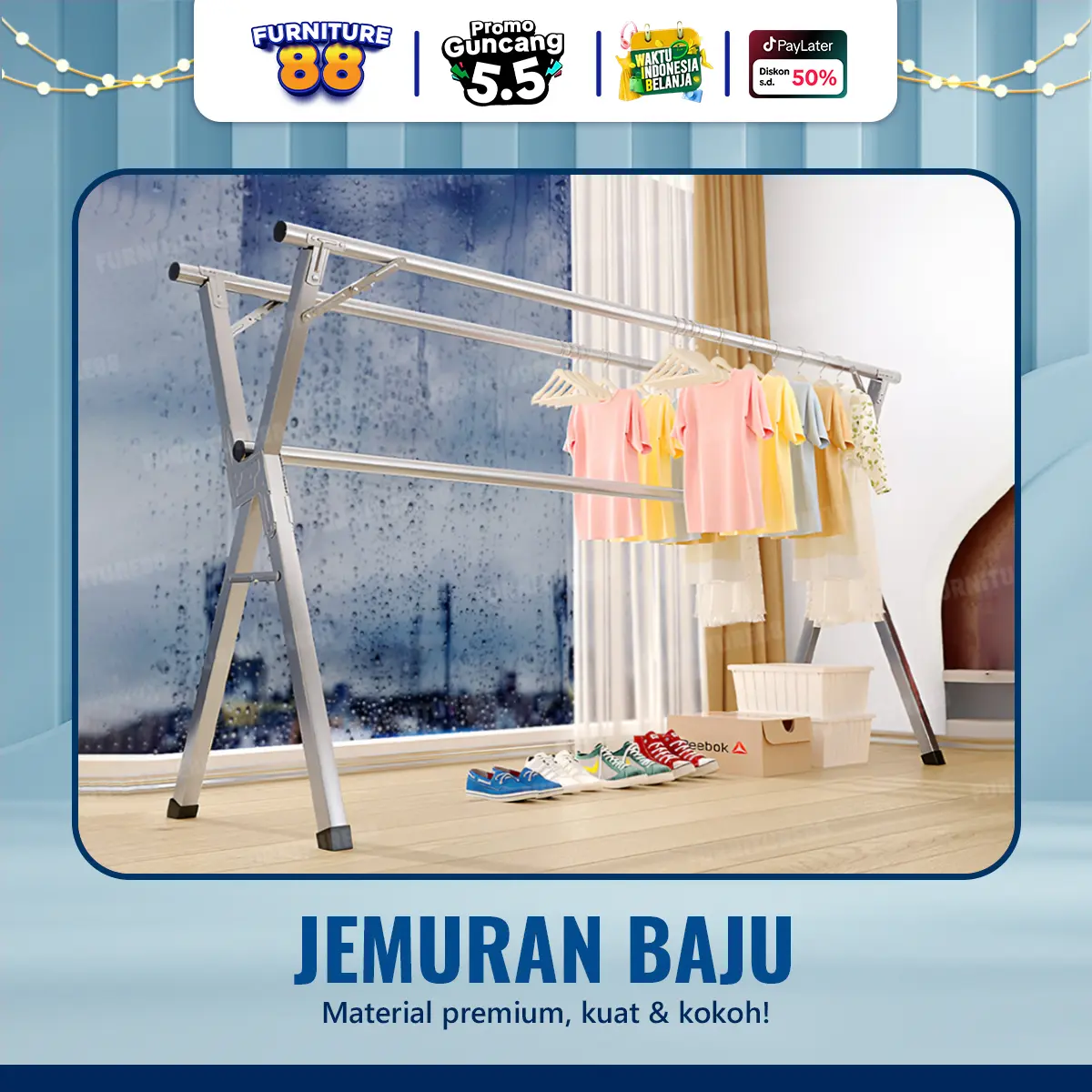 FURNITUR88 Jemuran Baju / Pakaian Lipat Portable Campuran Besi & Alumunium Tahan Karat Dapat dilipat Anti Karat BISA COD LSJ-1