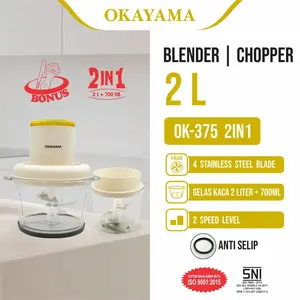 { Merabot Unik }  BLENDER CHOPPER OKAYAMA OK-375 2 IN 1 2 TABUNG GELAS KACA UKURAN 2L+CHOPPER PLASTIK 700ML 2 KECEPATAN