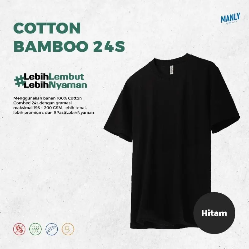 [WARNA BLACK] Kaos Polos 24s Cotton Bamboo Anti Bakteri - Katun Bambu - Lengan Pendek Lembut