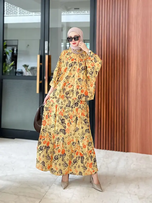 Setelan NAURA 0ne set baju dan rok Motif Kekinian Busui Friendly Wanita   Rayon Batwing Kancing Panjang Twill Lembut Viscose Atasan Nyaman Kerah Celana Bawahan 5