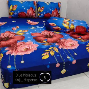 Sprei Set BLUE HIBICUS - Lengkap dgn Sarban dan Sargul size 120 /160 /180 /200 X200 Bahan Halus Lembut Adem Tidak Luntur