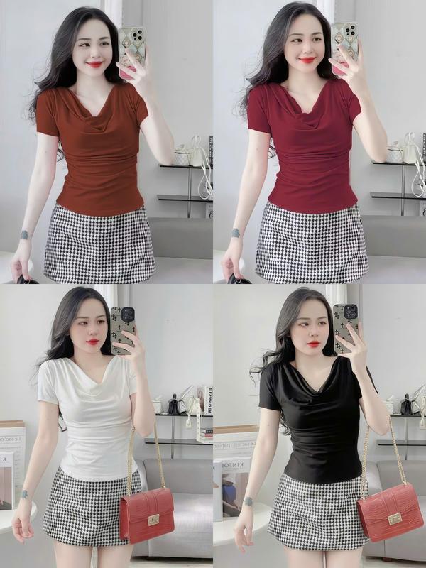   38-73kg  ÁO thun Nữ tăm Hàn Áo cổ đổ sành diệu trẻ trung nữ Chất vải mềm mại thoáng mát nhiêu màu 