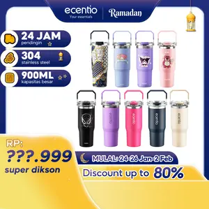 【K】【Stok terbatas】【termos tahan panas 24 jam】ecentio tumbler minum stainless 900ml premium botol minum aesthetic besar Biru Silikon Steel Vacuum