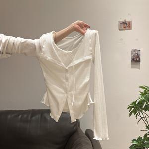 Women's V Neck Long Sleeve Top, Unique Collar Design, Single Button Closure, Early Fall Fashion, Inner Layering Tee 3754# Womenswear Fitted Minimalist Basic Casual