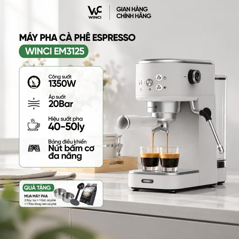 - Máy pha cà phê Winci EM3125, áp suất 20 Bar, tay cầm 51mm, công suất 1350W, bảo hành 1 năm.