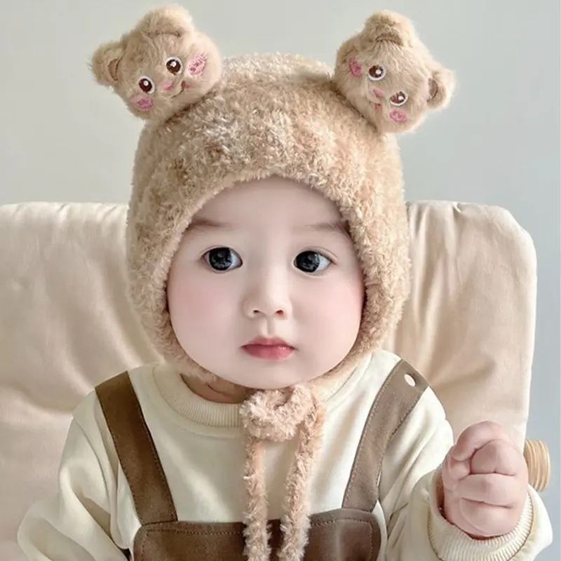 Mũ Trẻ Em Bé Nhồi Bông Thiết Kế Hình Gấu Hoạt Hình, Ấm Áp Mùa Đông, Lông Cừu San Hô Dày, Mũ Bảo Vệ Tai Cho Trẻ Sơ Sinh, Dễ Thương Và Chống Gió, Thích Hợp Cho Bé Trai Và Bé Gái Mới Biết Đi, Mũ Len 4
