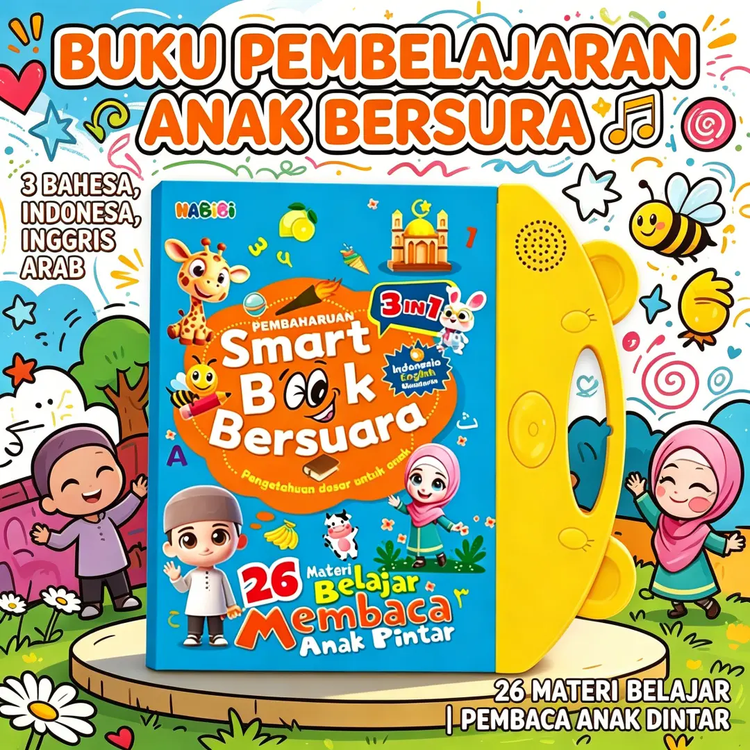 Buku Suara Anak Elektronik Smart Book Audio 3 Bahasa: Indonesia, Inggris, Mandarin. Mainan Edukasi Belajar Membaca, Mendengar, Bernyanyi. Cocok Untuk Paud, Tk, Usia 3-6 Tahun. 26 Materi: Warna, Hewan, Buah, Bentuk, Angka, Dinosaurus, Tubuh, Alat Rumah