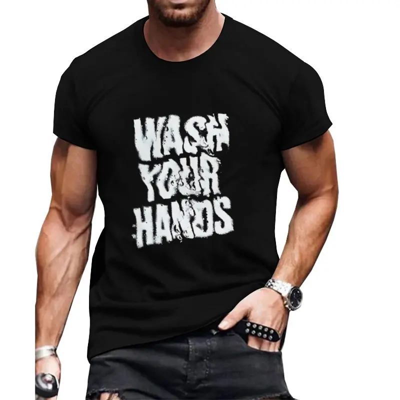 Men's casual sports trend brand black letter 3D printed round neck short sleeved T-shirt