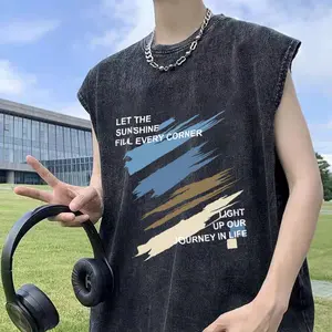 Kaos tanpa lengan gaya Amerika untuk pria dan wanita, semua musim, retro distressed, katun murni yang dicuci, potongan longgar, rompi olahraga remaja serbaguna, atasan pria dan wanita.