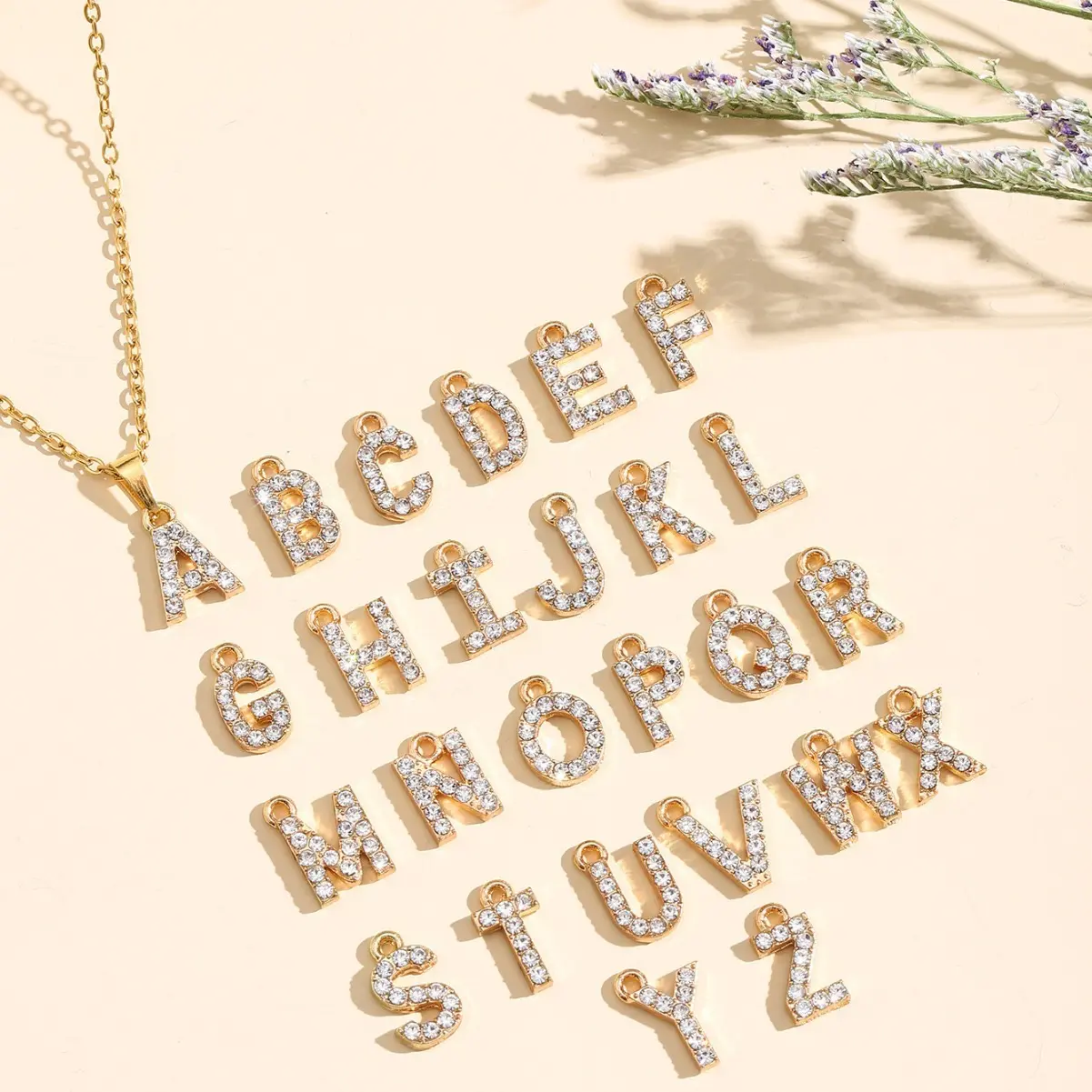 Kalung Inisial Alphabet Huruf Zircon Full Gold Stainless Anti Karat - Eyori
