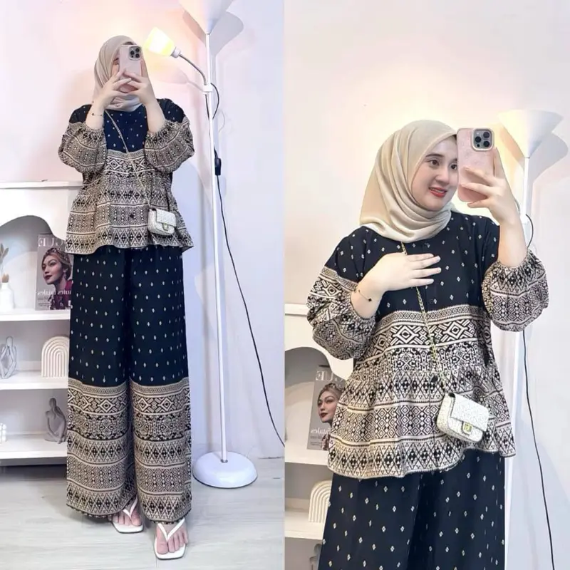 Rafella Set Rayon Rempel One Set Rayon  Semi Crop Motif Setelan Wanita Kekinian Celana kulot