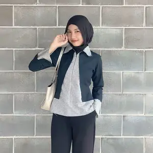 Kemeja atasan wanita kombinasi fitted blouse layer polos kotak korean look casual formal hitam coklat abu | BYSA.OFC