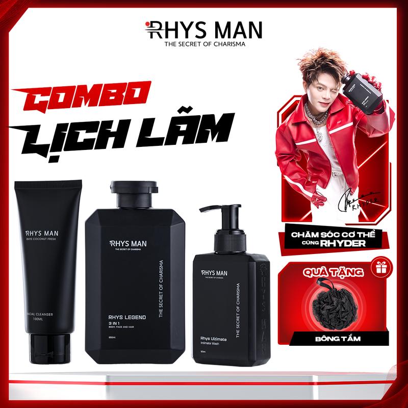 [RHYDER x RHYS MAN] Combo Lịch Lãm RHYS MAN (Sữa tắm gội 350ml & Sữa rửa mặt hương dừa 100ml & Gel vệ sinh nam 120ml) | Tặng: 1 Set Hộp & Túi