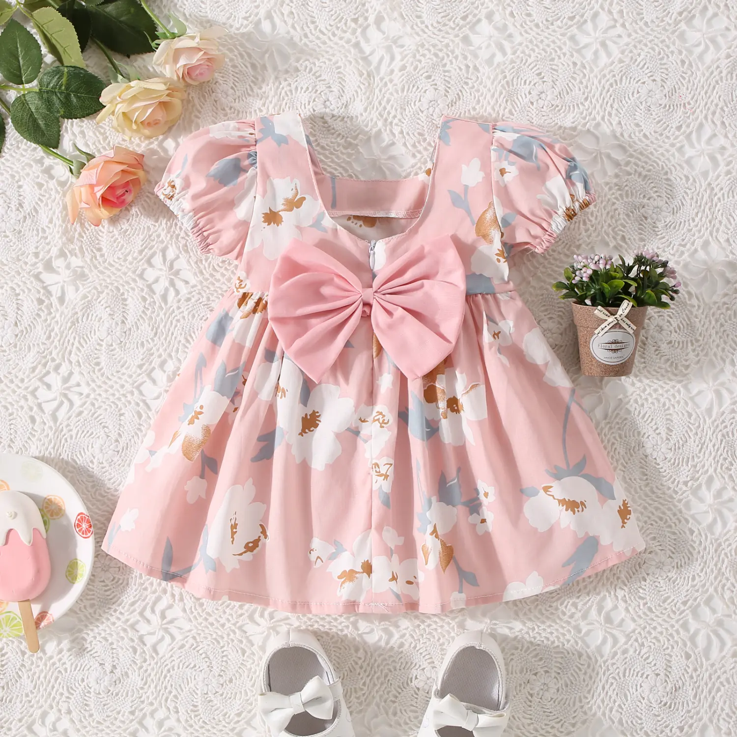 Kids Clothes Baby Dress Flower Printed Dress for Baby Girl Princess Cotton Pink Dress
